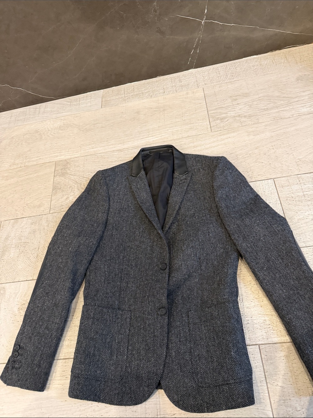 The Kooples Charcoal Herringbone Blazer with Leather Trim
